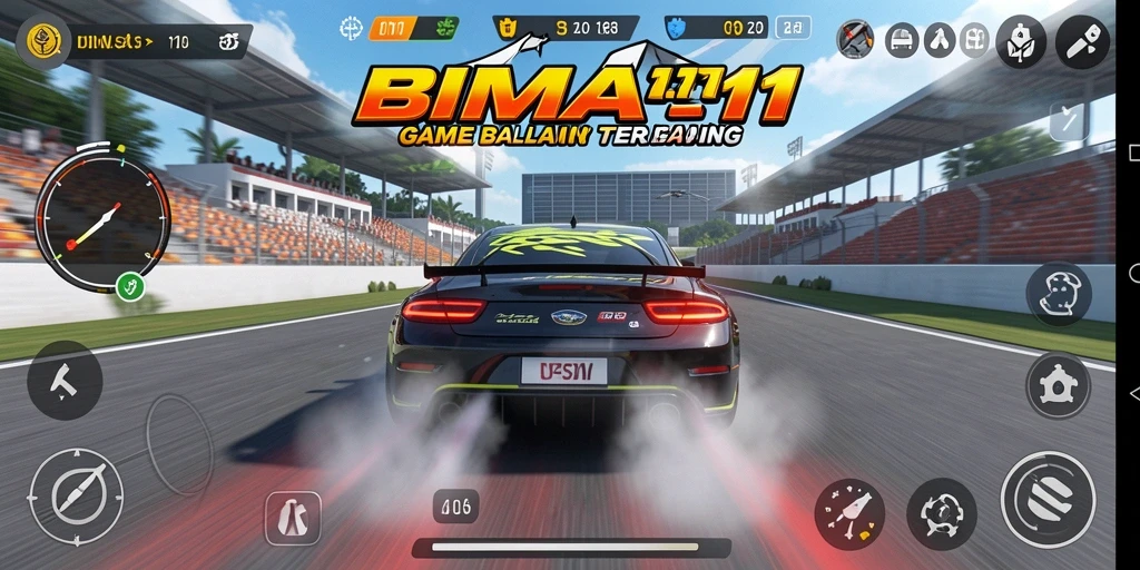 Screenshot gameplay BIMA11 menampilkan mobil balap di lintasan yang menegangkan.