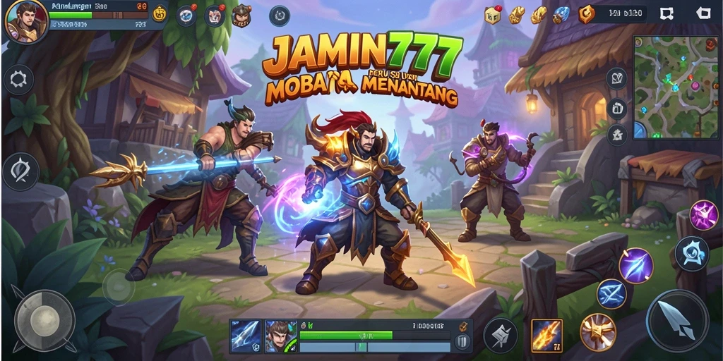 Screenshot utama menampilkan pertarungan taktis dalam game MOBA.