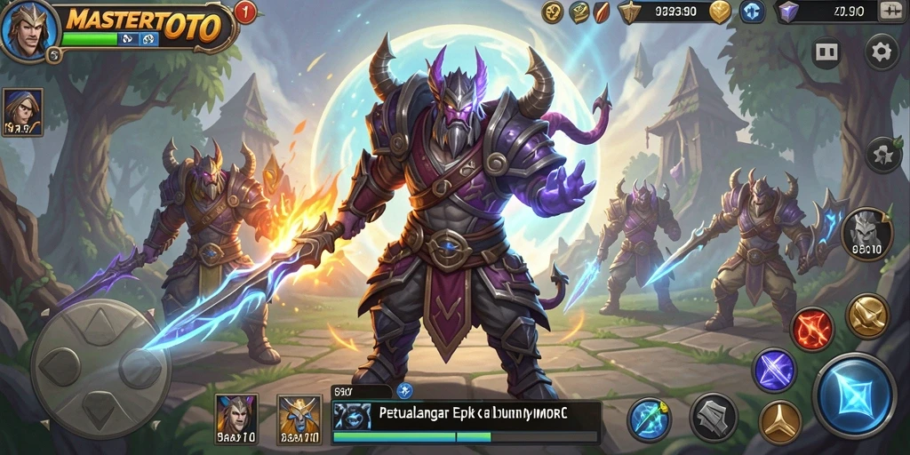 Tampilan gameplay MASTERTOTO menampilkan aksi seru antara karakter dan monster.