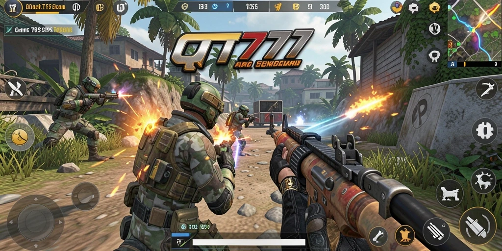 Screenshot gameplay QT777 menampilkan pertempuran intens dan karakter yang dinamis.