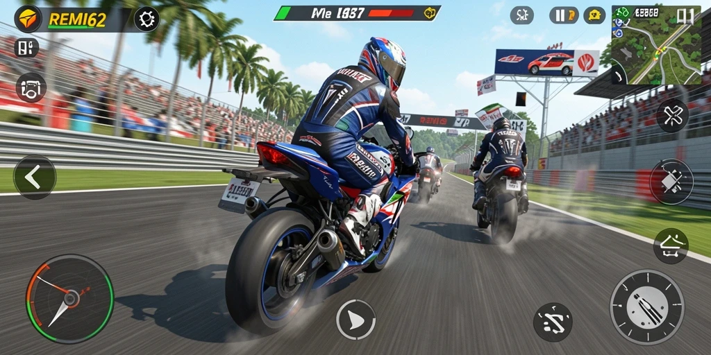 Screenshot REMI62 menampilkan aksi balapan motor yang seru dengan grafis menakjubkan.